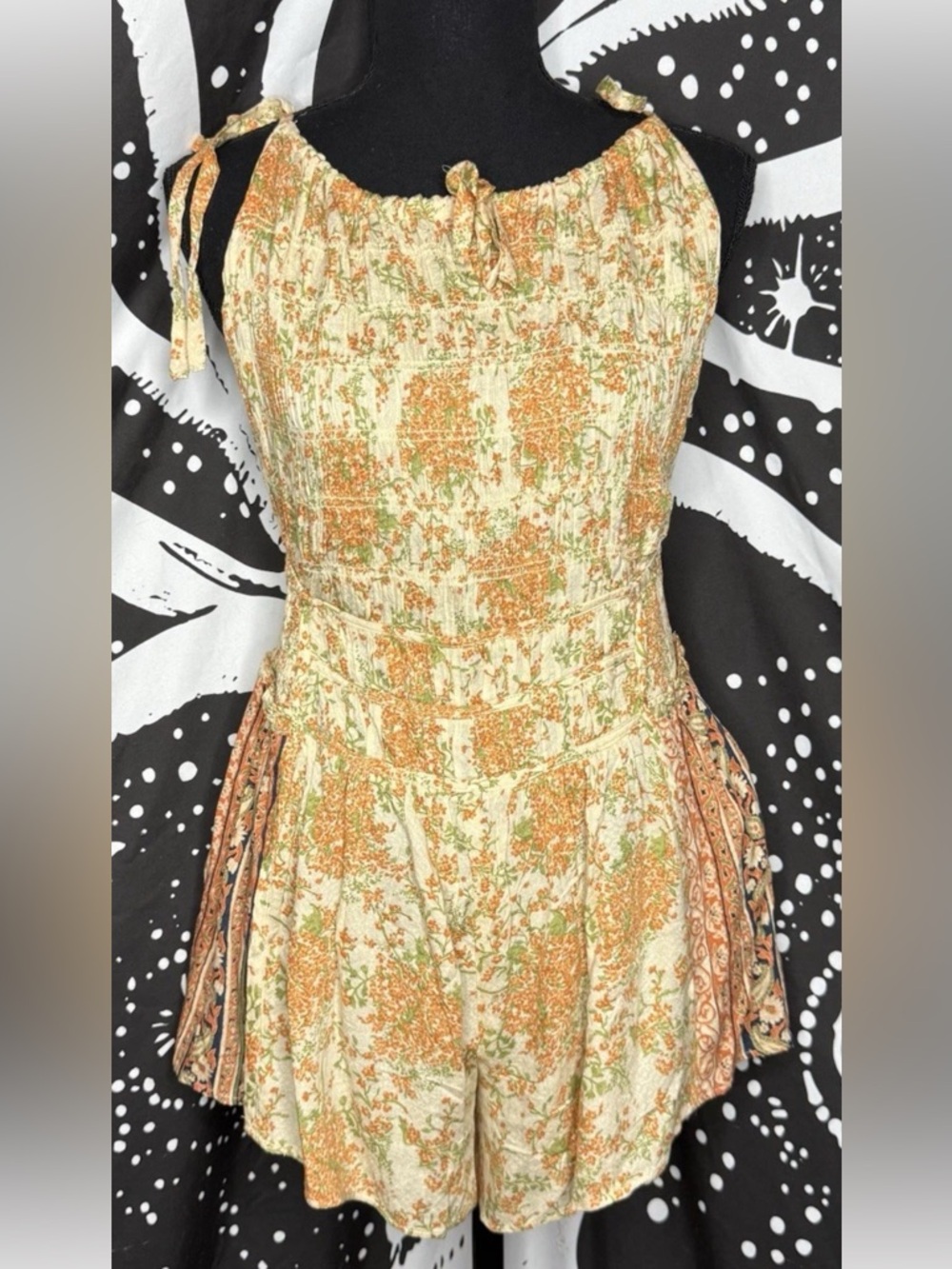 Free People Floral Smocked romper Cream and Orange S